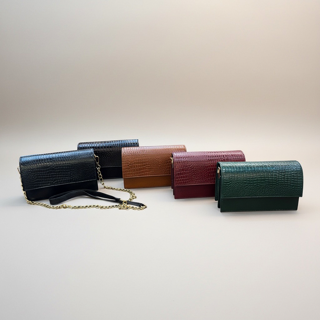 ALW Croc-Embossed Leather Clutch Bag — 3-in-1 Wristlet, Crossbody & Clutch with Gold Chain
