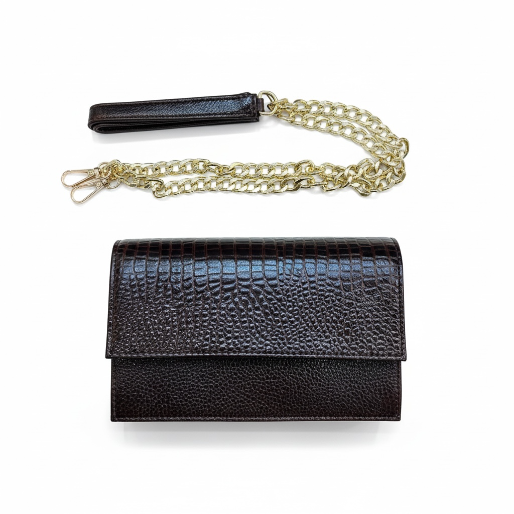 ALW Croc-Embossed Leather Clutch Bag — 3-in-1 Wristlet, Crossbody & Clutch with Gold Chain