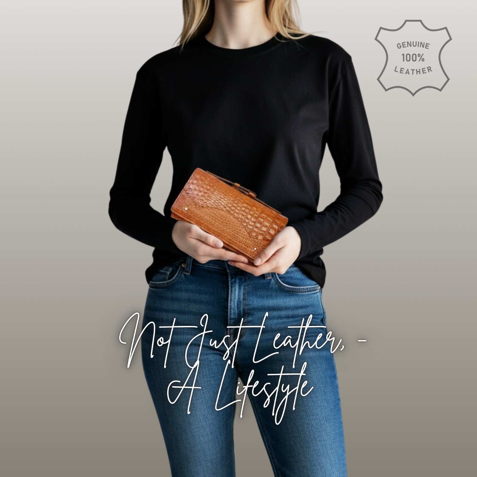 ALW Croco-Embossed Genuine Leather Clutch Wallet — Women's Long Purse with Adjustable Strap