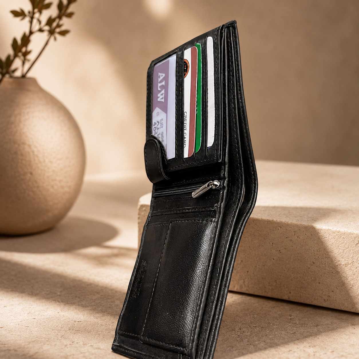 ALW Men’s Black Leather Wallet – Compact Bifold with Multiple Card Slots