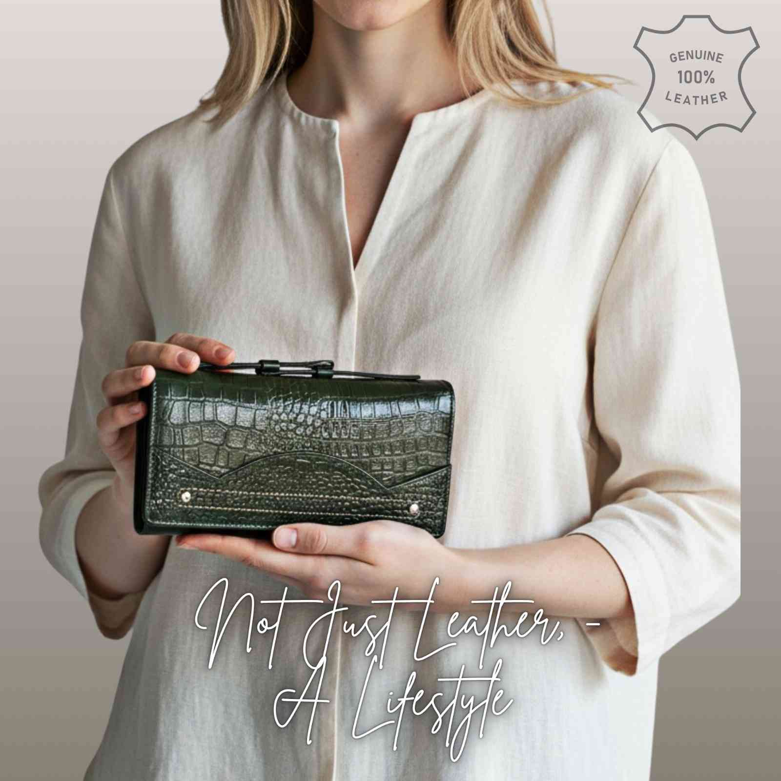 ALW Croco-Embossed Genuine Leather Clutch Wallet — Women's Long Purse with Adjustable Strap