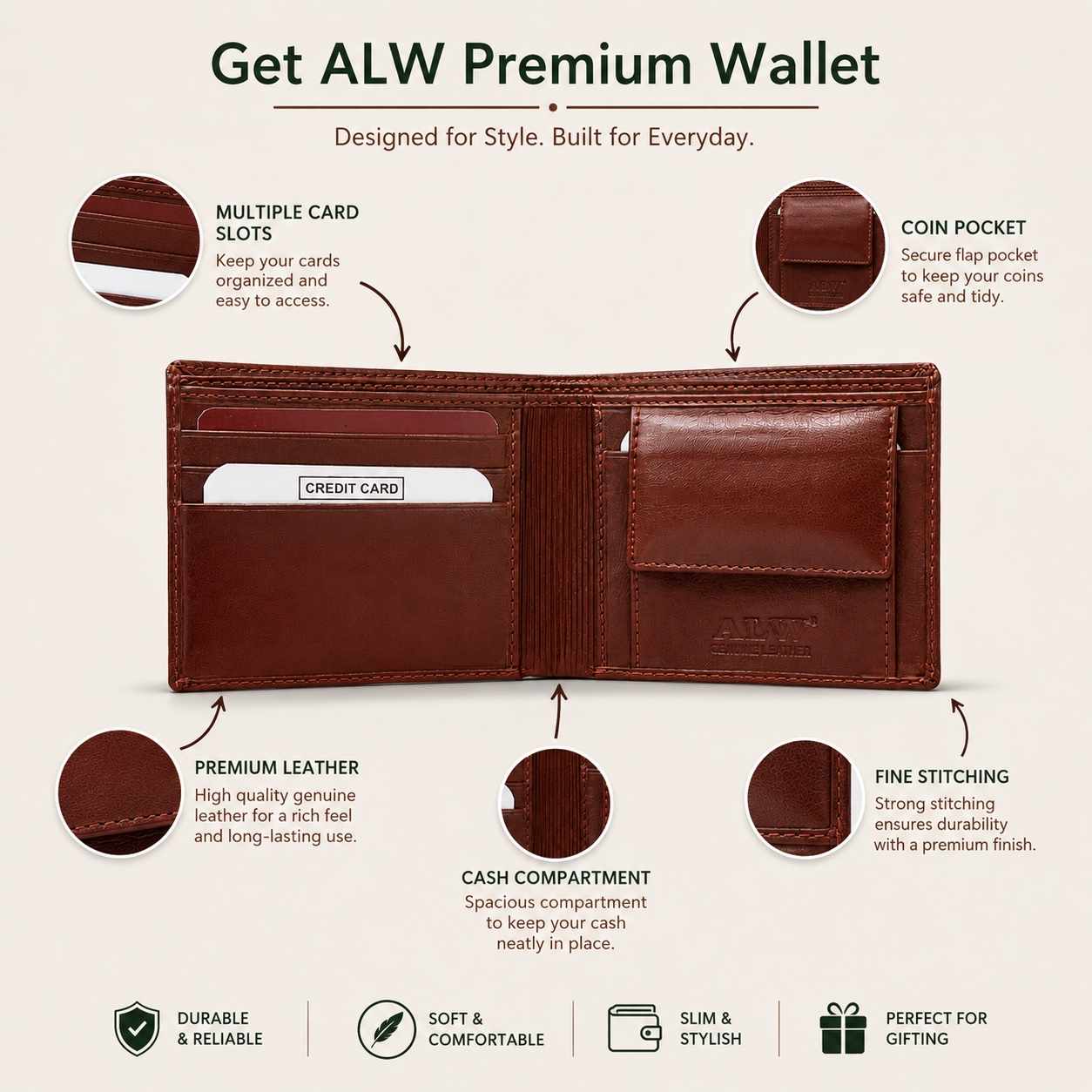 ALW Premium Genuine Leather Wallet for Men – Slim Bifold with Card Slots, Coin & Zipper Pocket