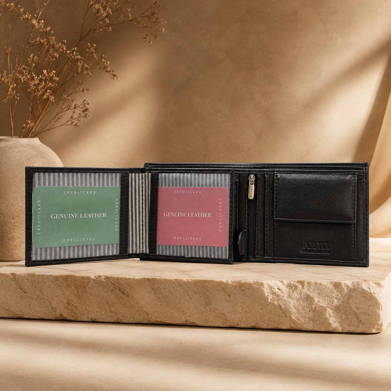 ALW Men’s Black Leather Wallet – Compact Bifold with Multiple Card Slots