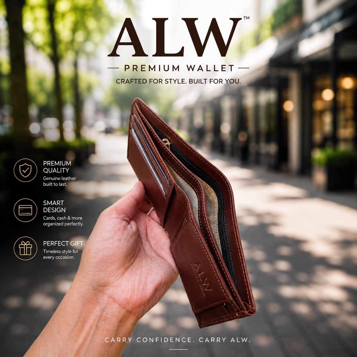 ALW Premium Genuine Leather Wallet for Men – Slim Bifold with Card Slots, Coin & Zipper Pocket