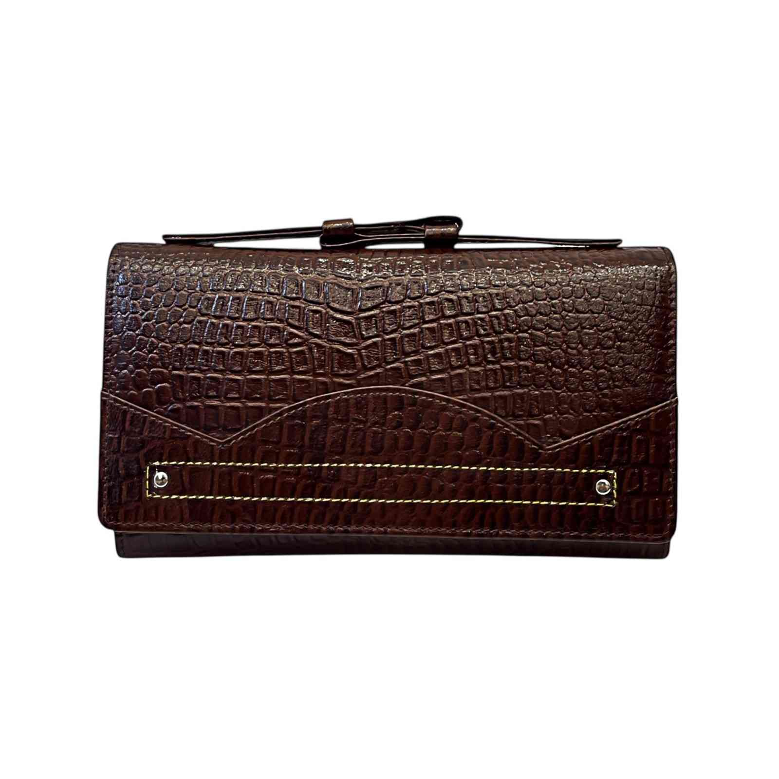 ALW Croco-Embossed Genuine Leather Clutch Wallet — Women's Long Purse with Adjustable Strap