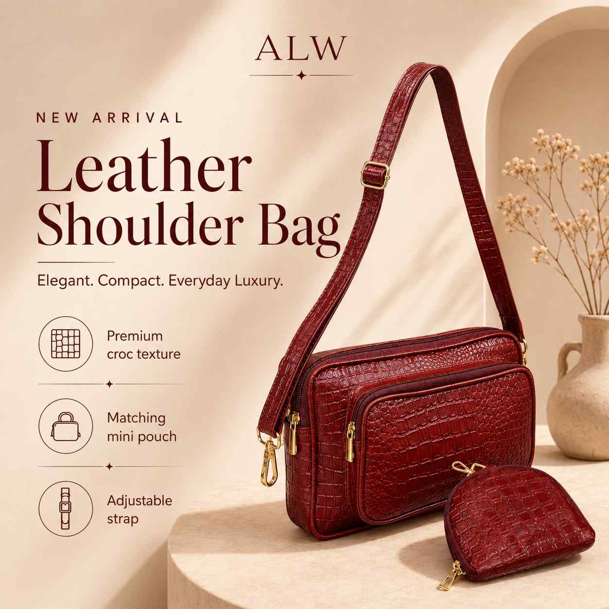 ALW Premium Croc Leather Shoulder Bag with Matching Mini Pouch