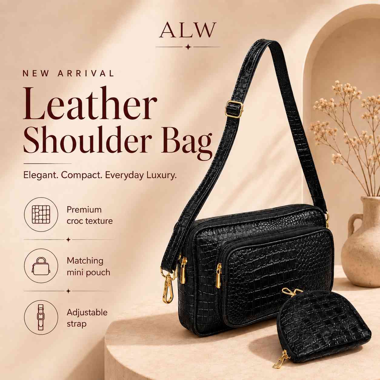 ALW Premium Croc Leather Shoulder Bag with Matching Mini Pouch