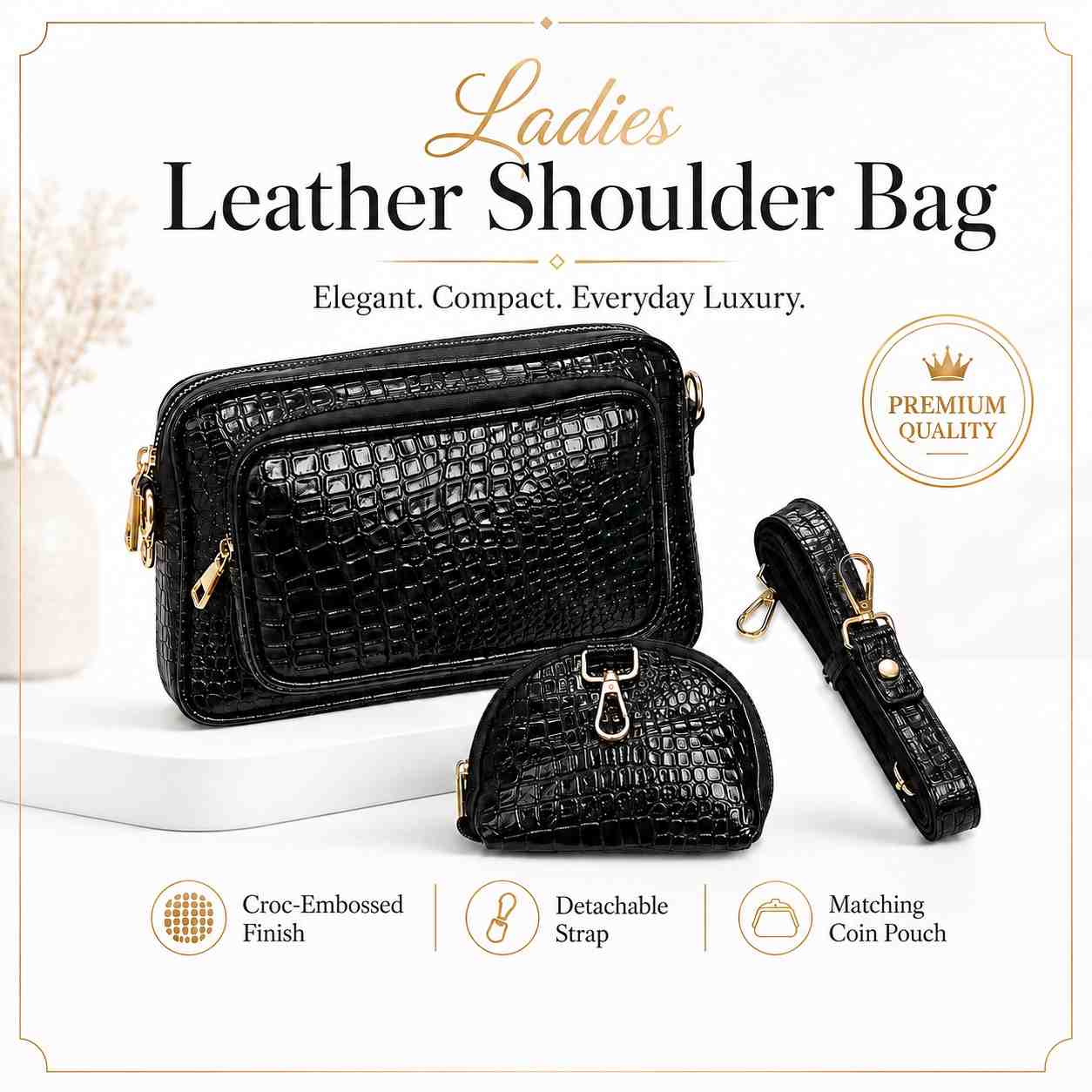 ALW Premium Croc Leather Shoulder Bag with Matching Mini Pouch