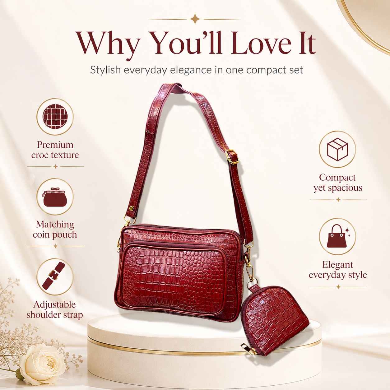 ALW Premium Croc Leather Shoulder Bag with Matching Mini Pouch