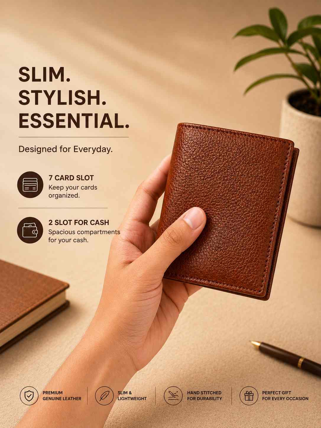 Premium Men's Leather Card Holder Wallet – Slim Bifold with 7 Card Slots & 2 Cash Compartments