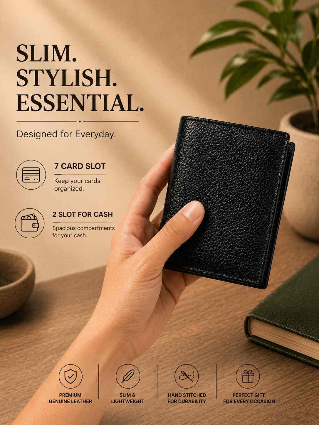 Premium Men's Leather Card Holder Wallet – Slim Bifold with 7 Card Slots & 2 Cash Compartments