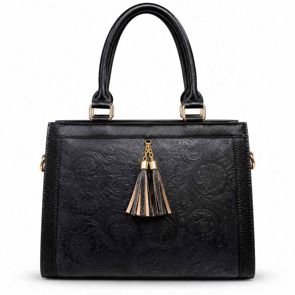 Luxury Textured Leather Handbag with Tassel & Gold Hardware