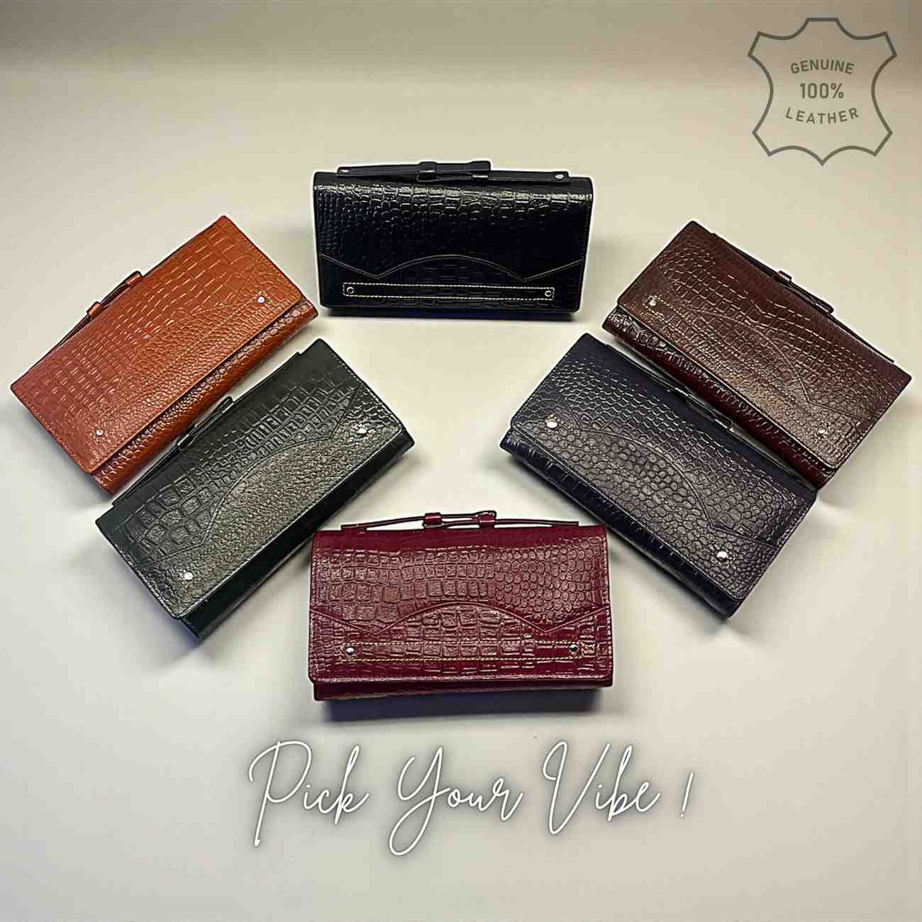 ALW Croco-Embossed Genuine Leather Clutch Wallet — Women's Long Purse with Adjustable Strap