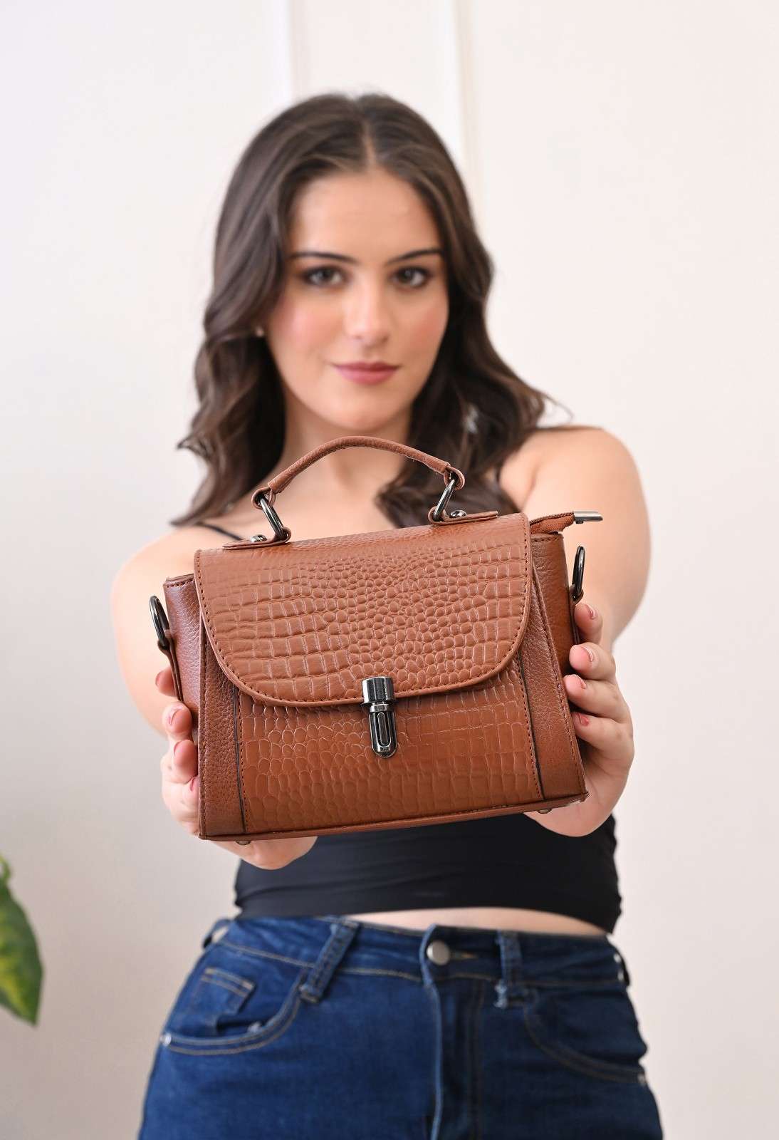 ALW Leather Croco Texture Handbag for Women | Premium Leather Top Handle Sling Bag