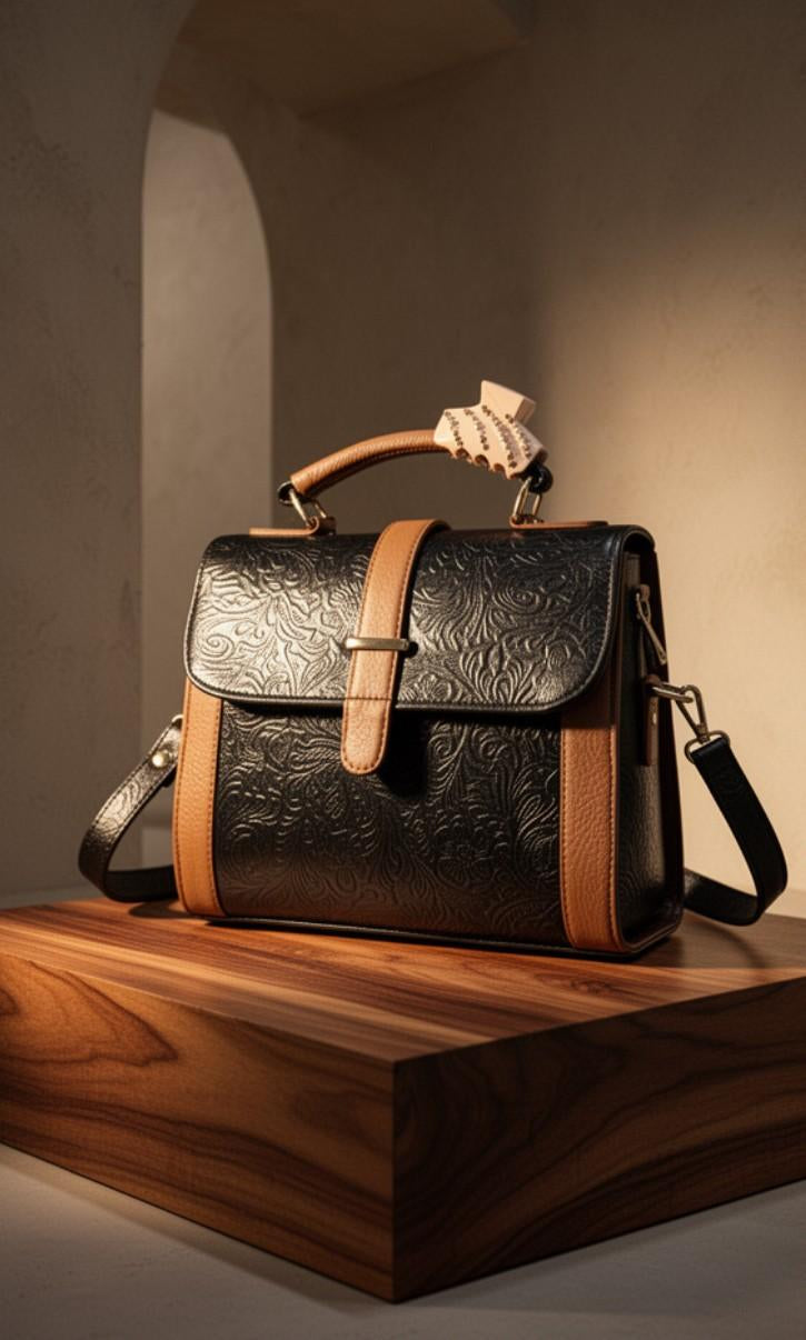 Leather Handbag With Flower Leather Print