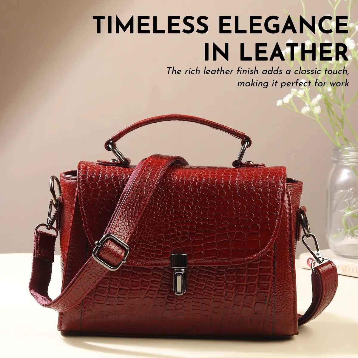 ALW Leather Croco Texture Handbag for Women | Premium Leather Top Handle Sling Bag