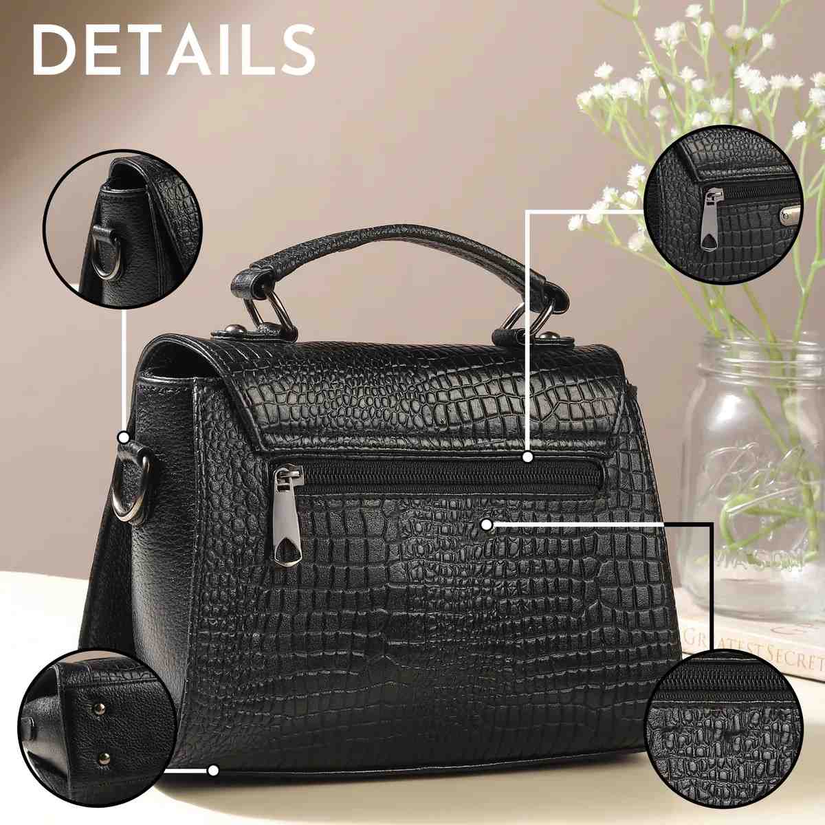 ALW Leather Croco Texture Handbag for Women | Premium Leather Top Handle Sling Bag
