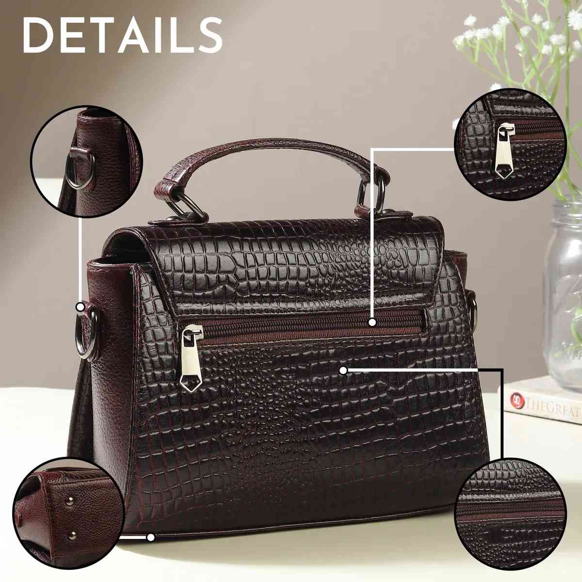 ALW Leather Croco Texture Handbag for Women | Premium Leather Top Handle Sling Bag