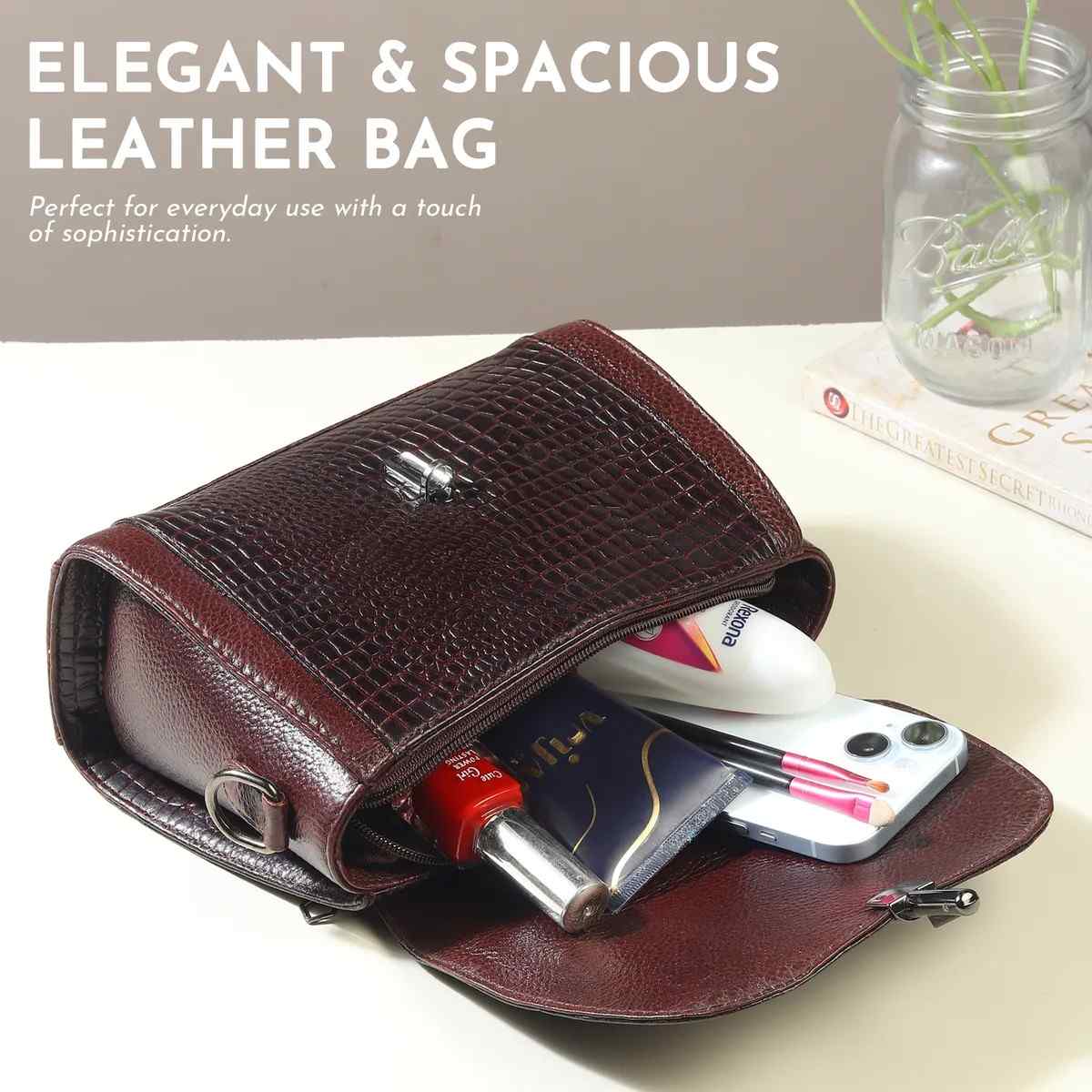 ALW Leather Croco Texture Handbag for Women | Premium Leather Top Handle Sling Bag