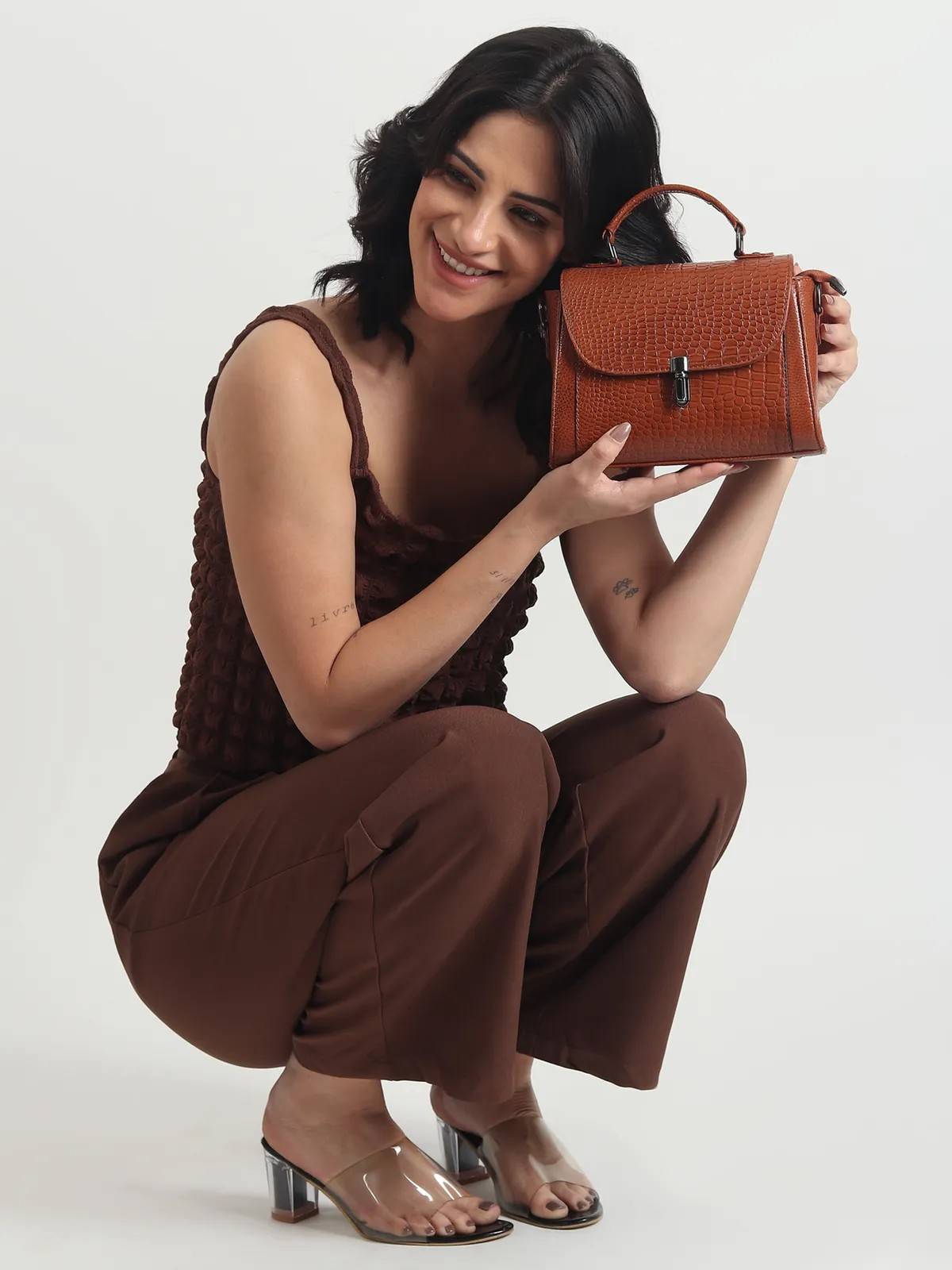 ALW Leather Croco Texture Handbag for Women | Premium Leather Top Handle Sling Bag