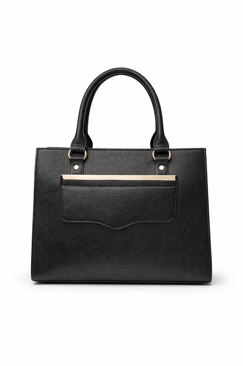 Classic Black Leather Handbag with Front Pocket – Timeless Design