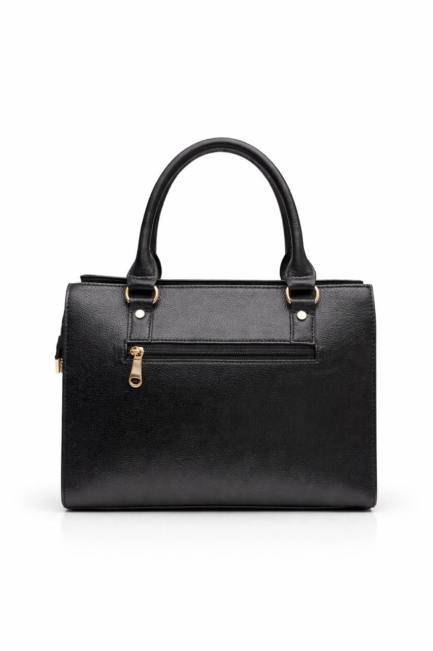 Classic Black Leather Handbag with Front Pocket – Timeless Design
