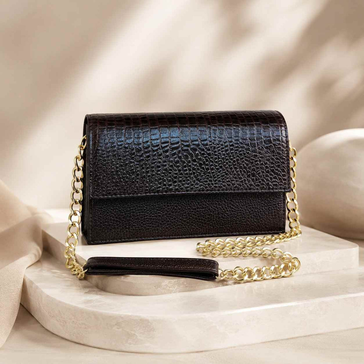 ALW Croc-Embossed Leather Clutch Bag — 3-in-1 Wristlet, Crossbody & Clutch with Gold Chain