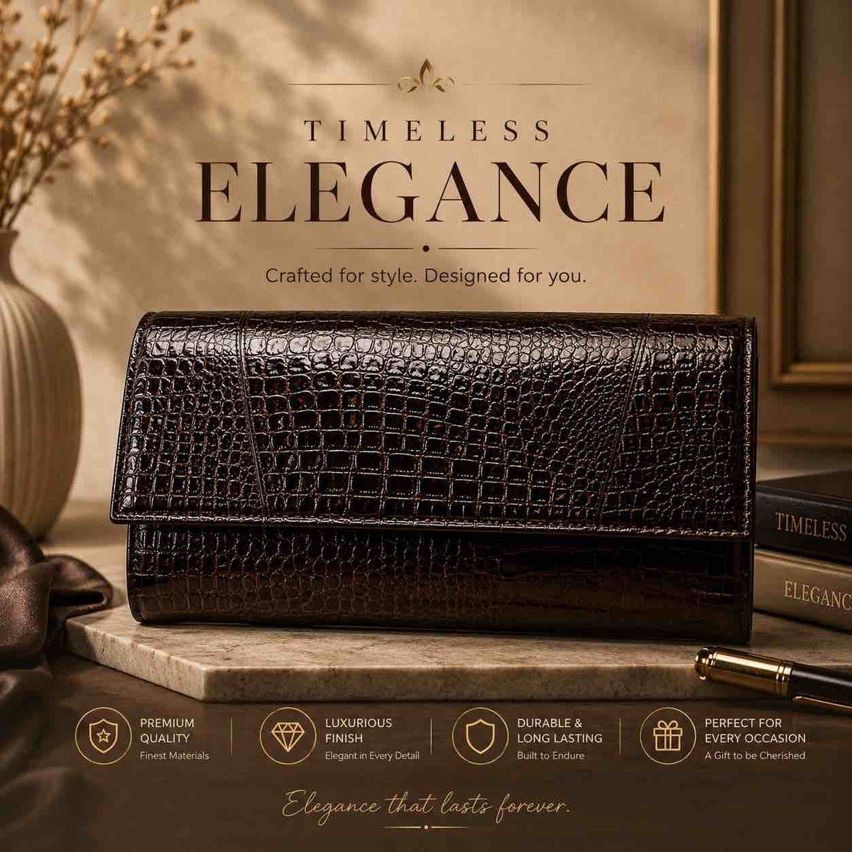 ALW Croco Textured Leather Clutch with Removable Strap