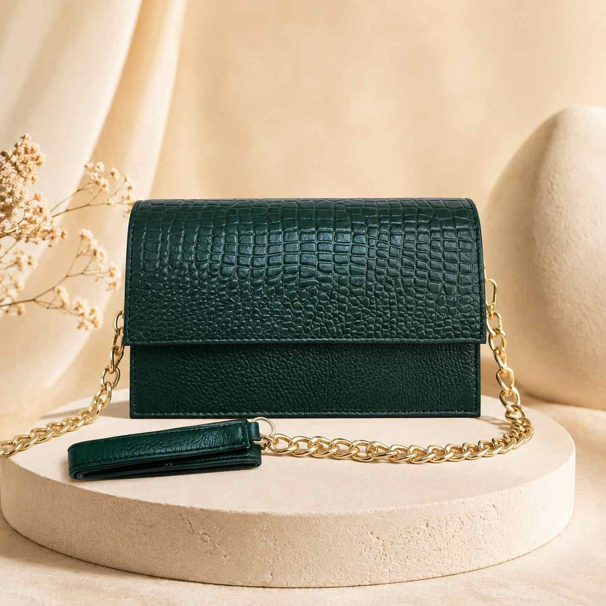 ALW Croc-Embossed Leather Clutch Bag — 3-in-1 Wristlet, Crossbody & Clutch with Gold Chain