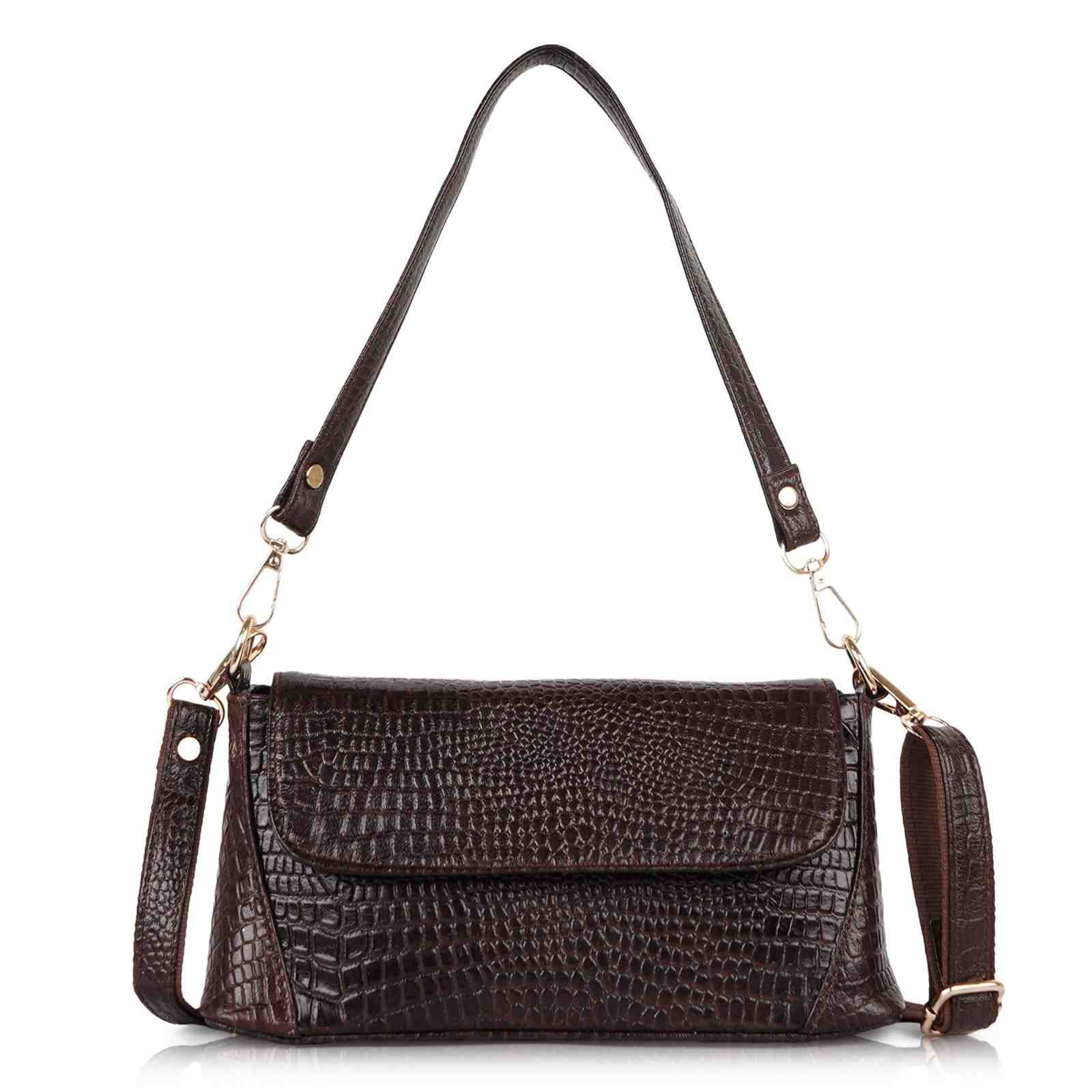 Croc-Embossed Flapover Shoulder Bag — Women's Mini Crossbody with Detachable Strap & Back Zip Pocket