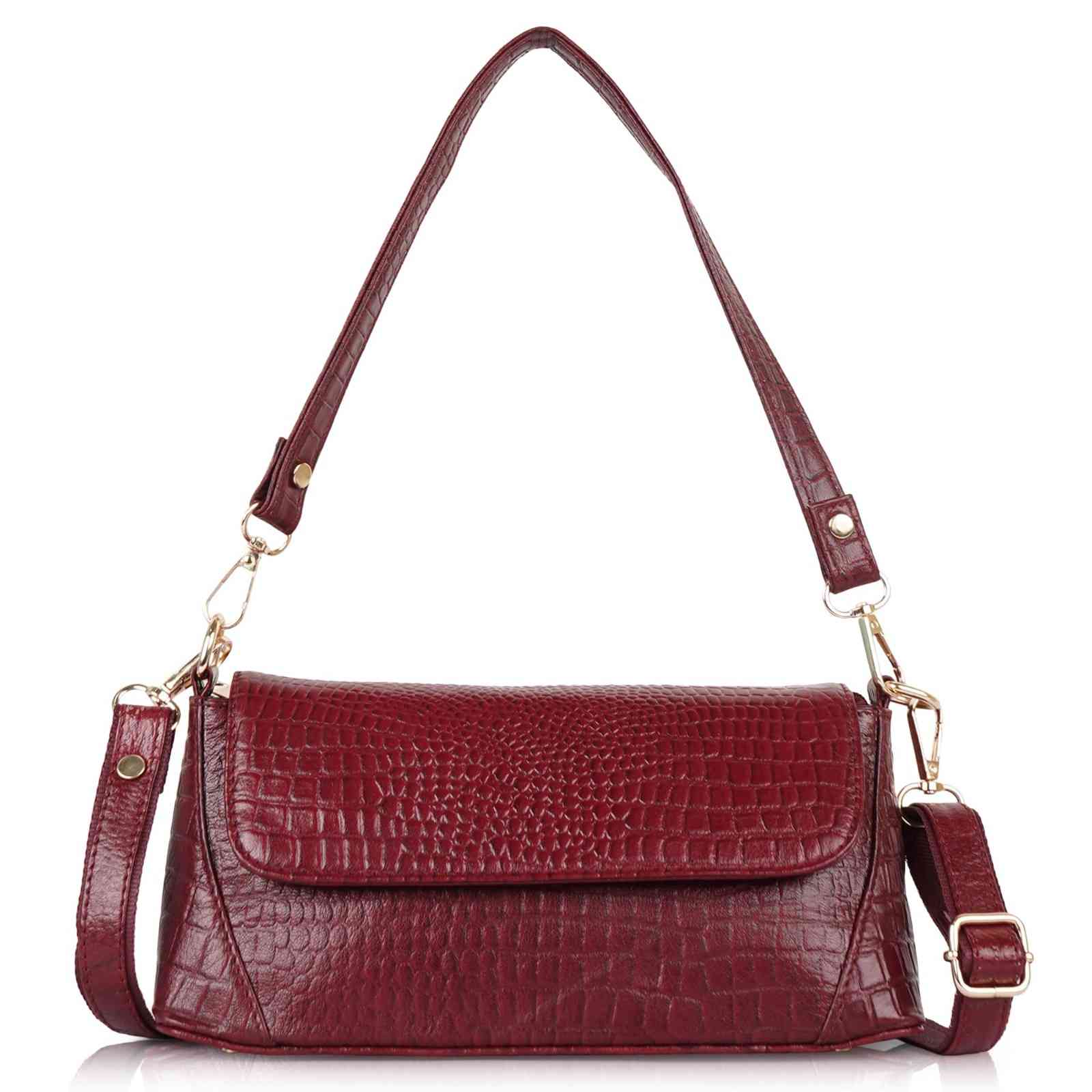 Croc-Embossed Flapover Shoulder Bag — Women's Mini Crossbody with Detachable Strap & Back Zip Pocket