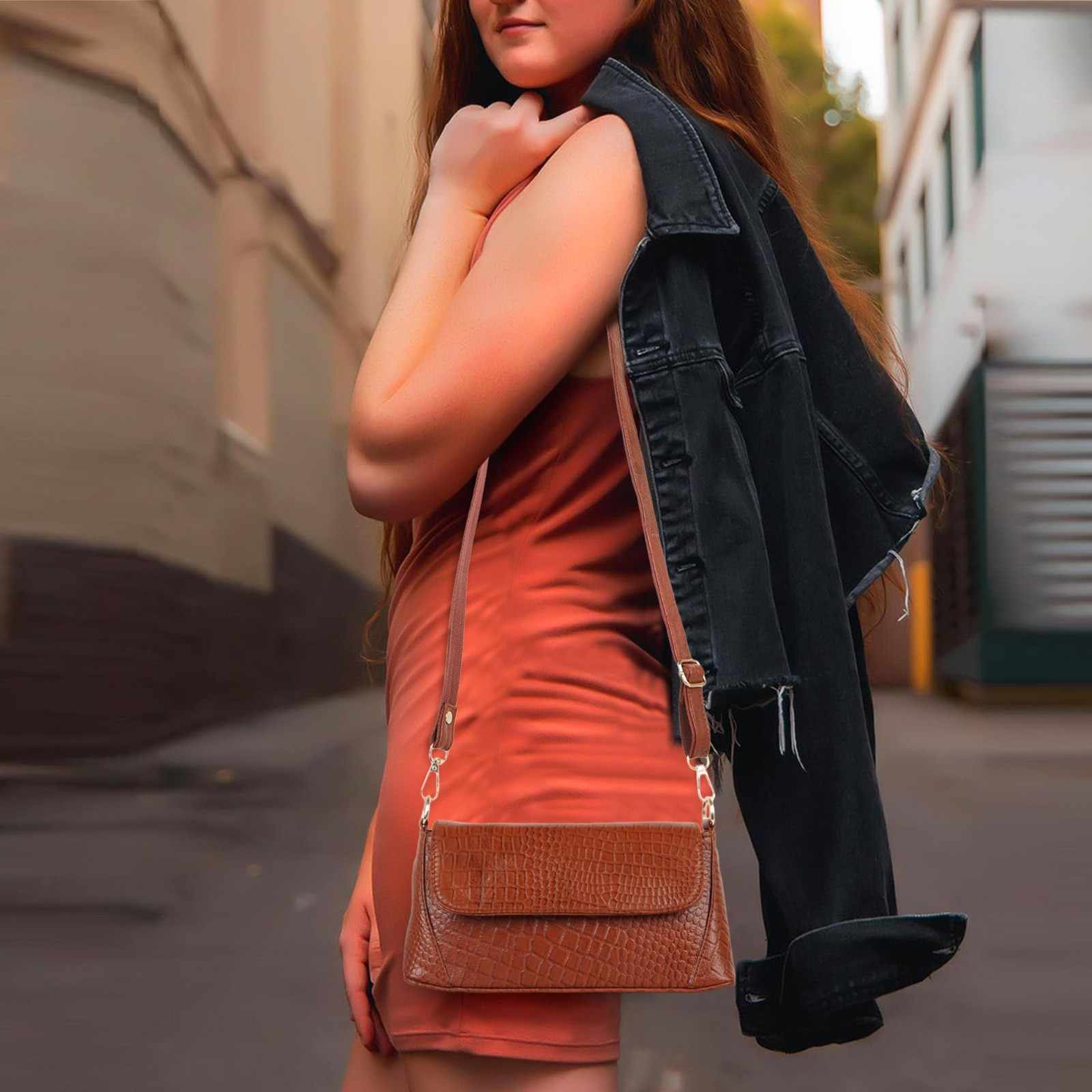 Croc-Embossed Flapover Shoulder Bag — Women's Mini Crossbody with Detachable Strap & Back Zip Pocket