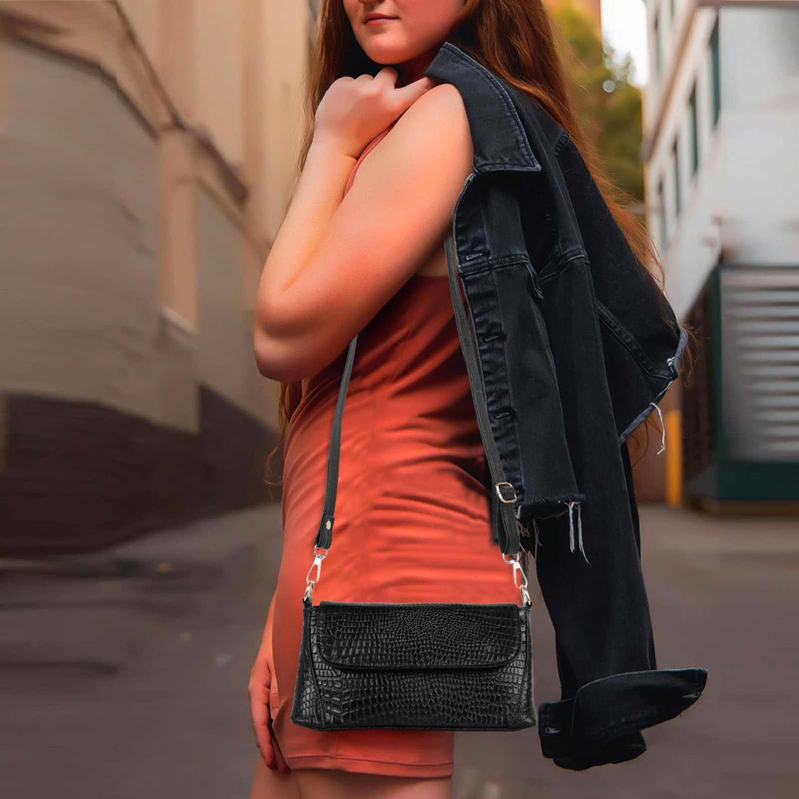 Croc-Embossed Flapover Shoulder Bag — Women's Mini Crossbody with Detachable Strap & Back Zip Pocket