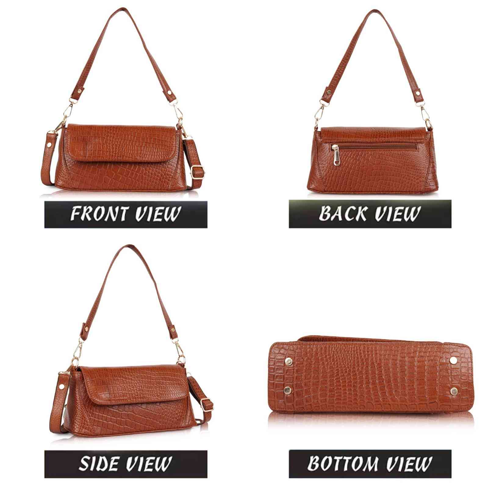 Croc-Embossed Flapover Shoulder Bag — Women's Mini Crossbody with Detachable Strap & Back Zip Pocket