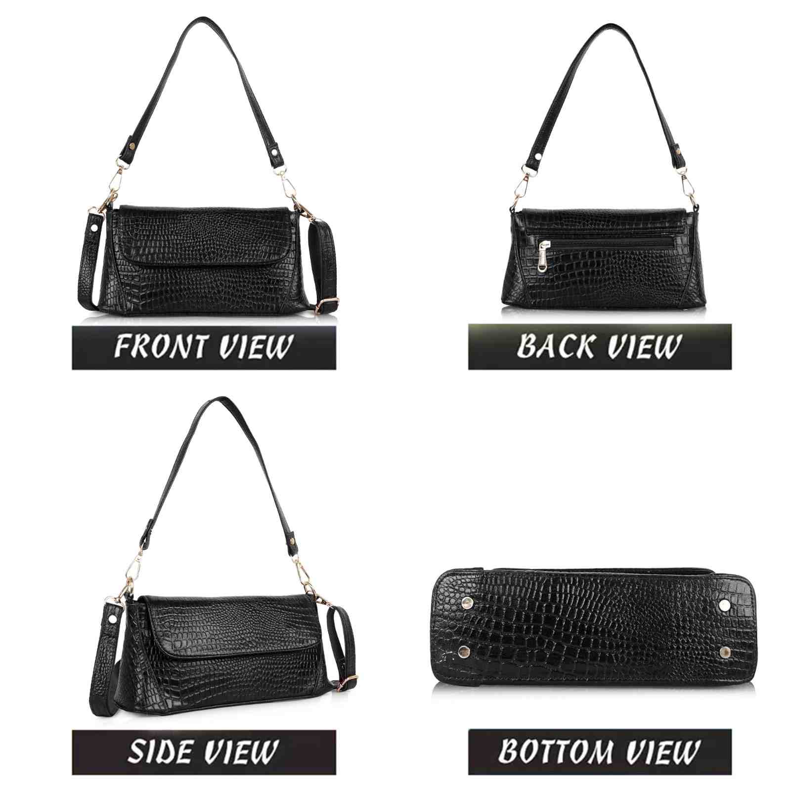 Croc-Embossed Flapover Shoulder Bag — Women's Mini Crossbody with Detachable Strap & Back Zip Pocket