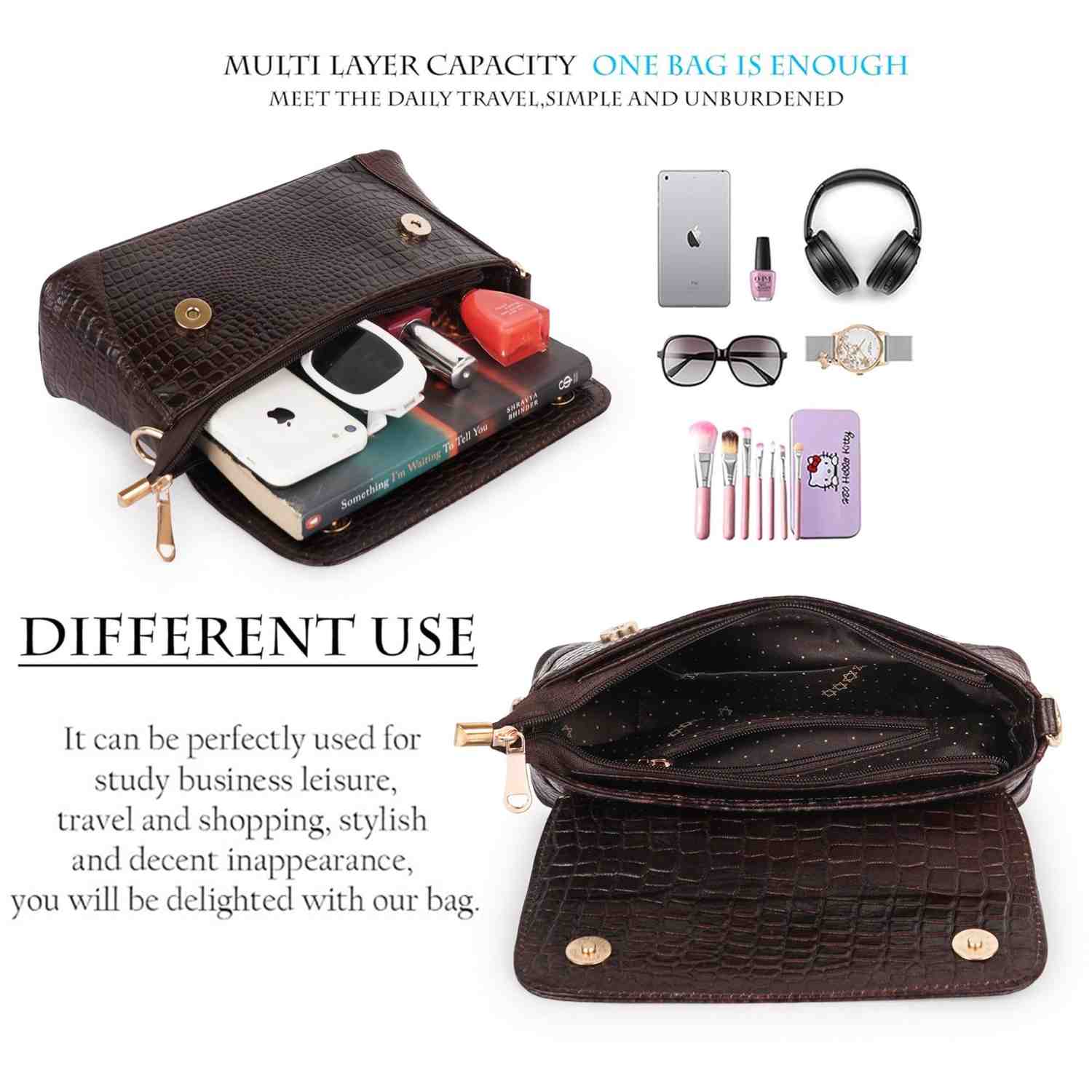 Croc-Embossed Flapover Shoulder Bag — Women's Mini Crossbody with Detachable Strap & Back Zip Pocket