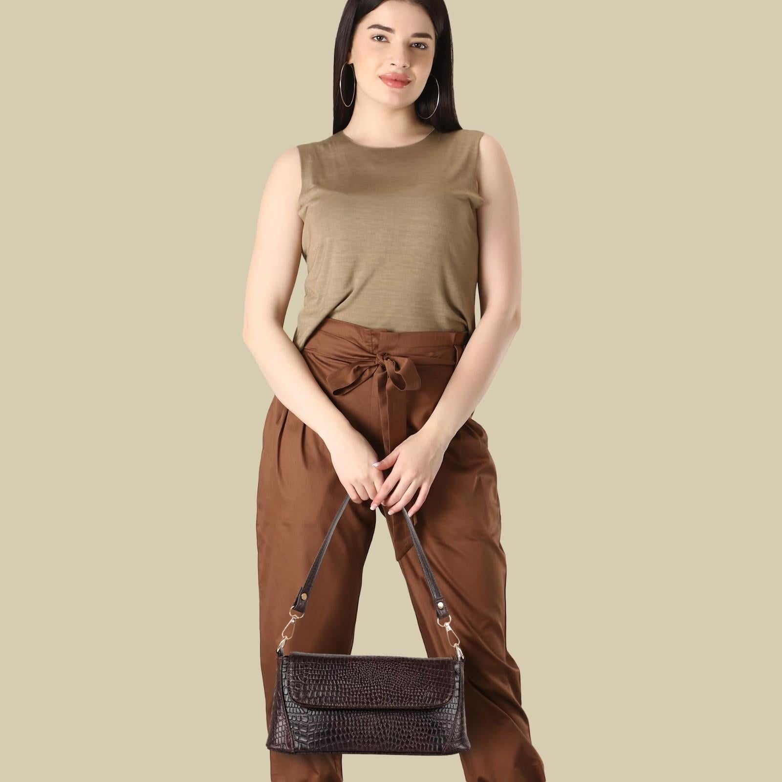 Croc-Embossed Flapover Shoulder Bag — Women's Mini Crossbody with Detachable Strap & Back Zip Pocket