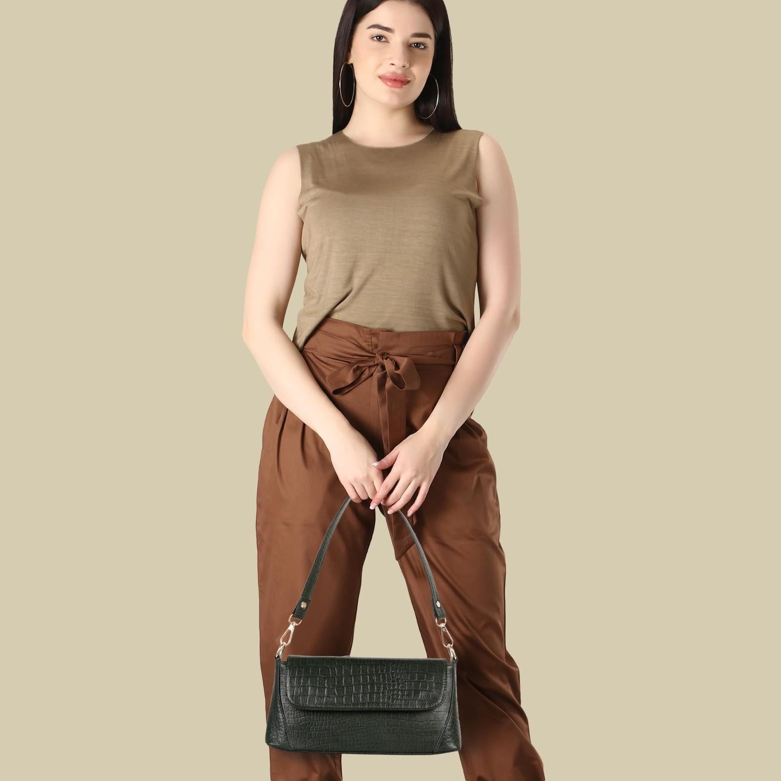 Croc-Embossed Flapover Shoulder Bag — Women's Mini Crossbody with Detachable Strap & Back Zip Pocket