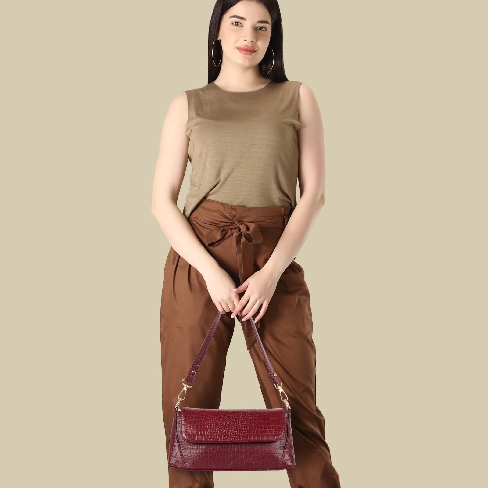Croc-Embossed Flapover Shoulder Bag — Women's Mini Crossbody with Detachable Strap & Back Zip Pocket
