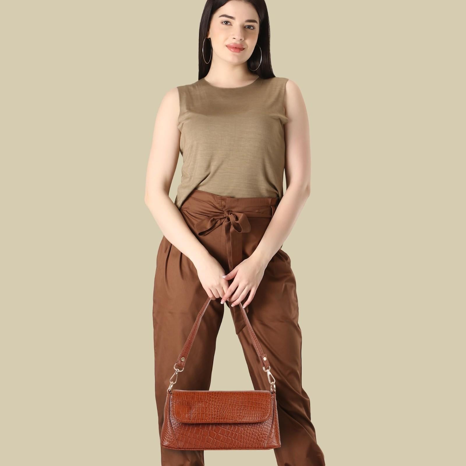 Croc-Embossed Flapover Shoulder Bag — Women's Mini Crossbody with Detachable Strap & Back Zip Pocket