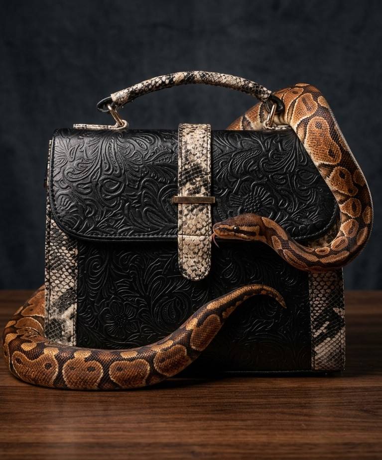 Leather Handbag With Flower Leather Print