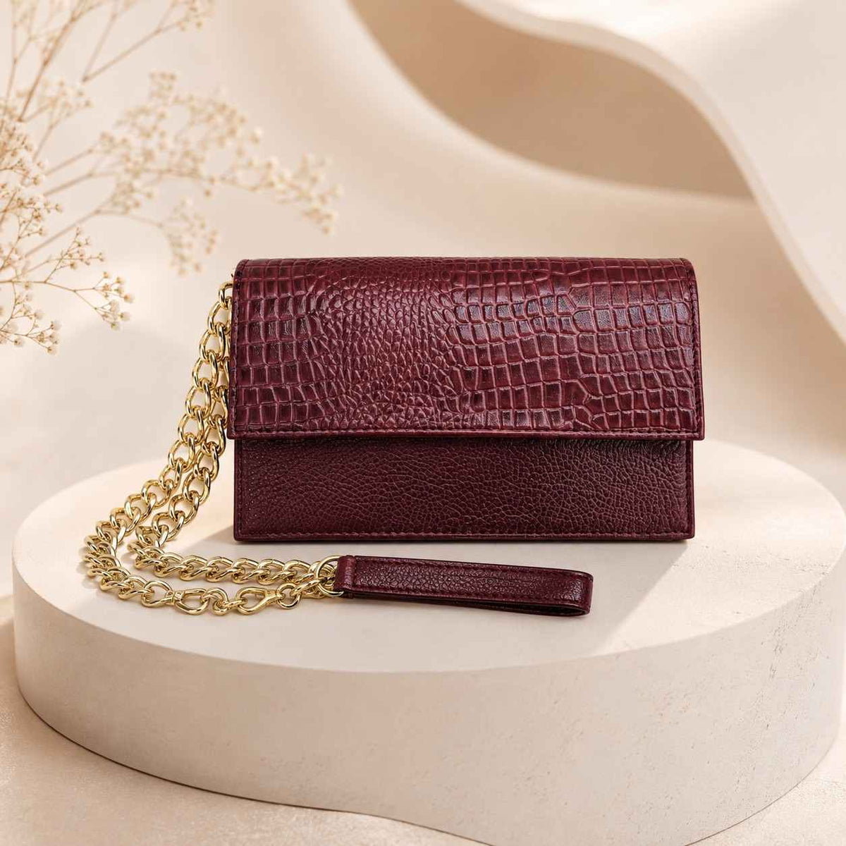 ALW Croc-Embossed Leather Clutch Bag — 3-in-1 Wristlet, Crossbody & Clutch with Gold Chain