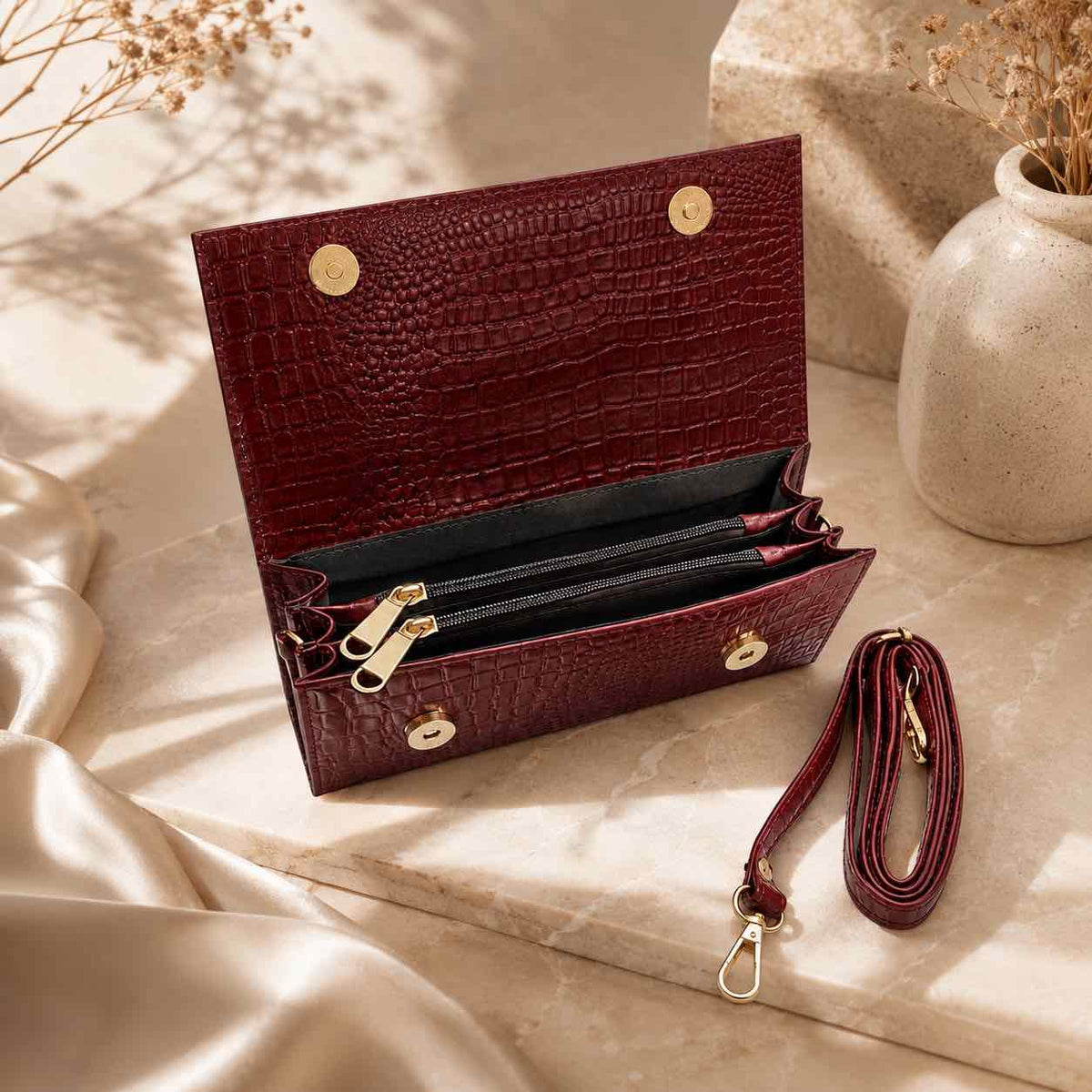 ALW Croco Textured Leather Clutch with Removable Strap