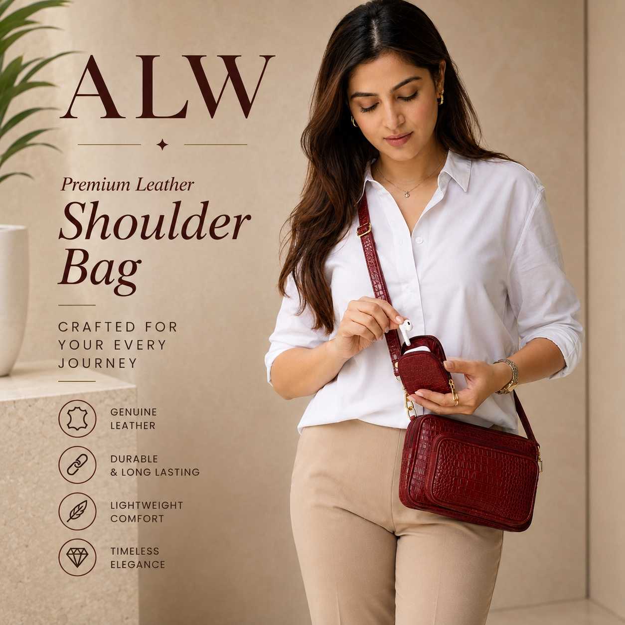 ALW Premium Croc Leather Shoulder Bag with Matching Mini Pouch