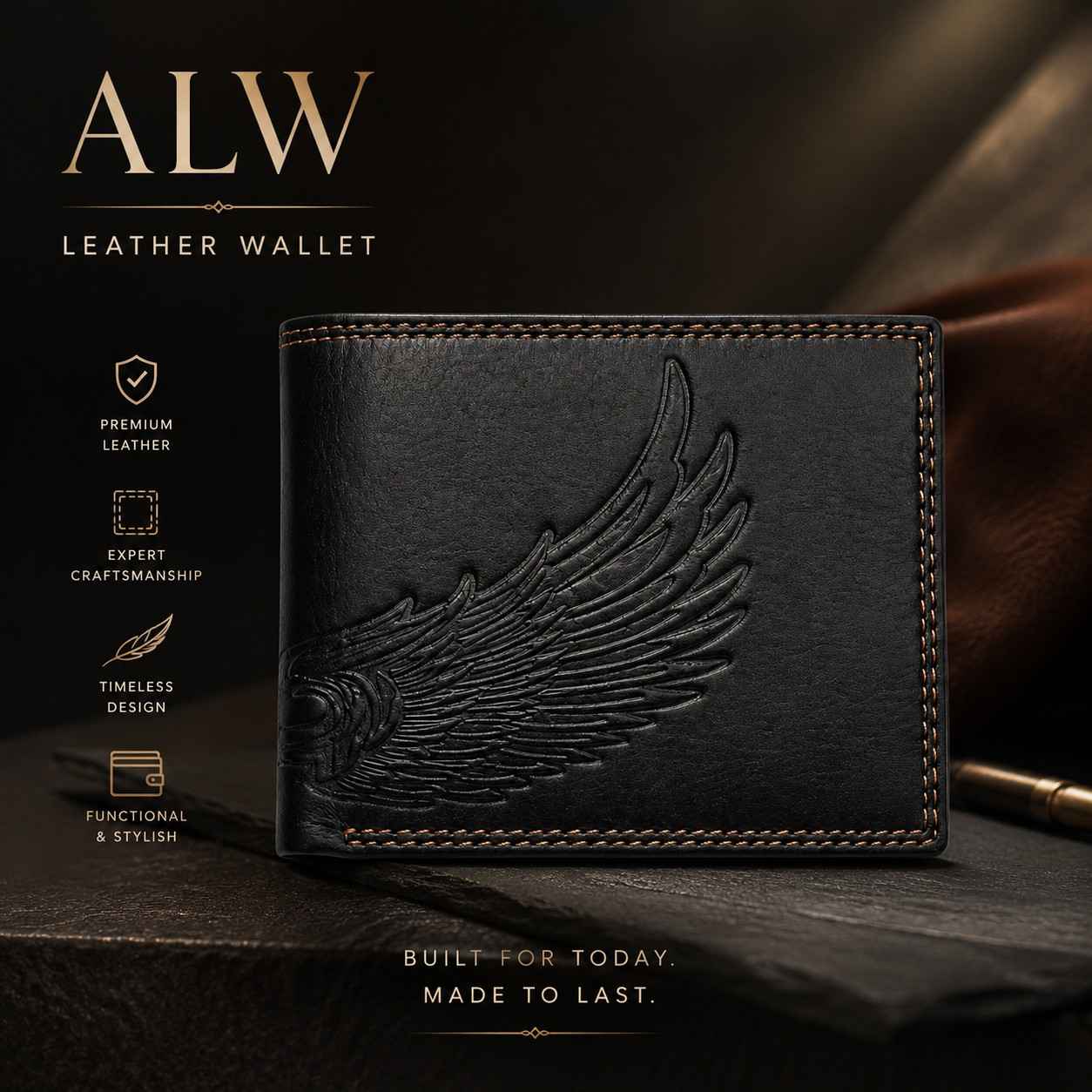 Premium Genuine Leather RFID-Protected Bifold Wallet with Double Stitching - Black with Wing Embossing