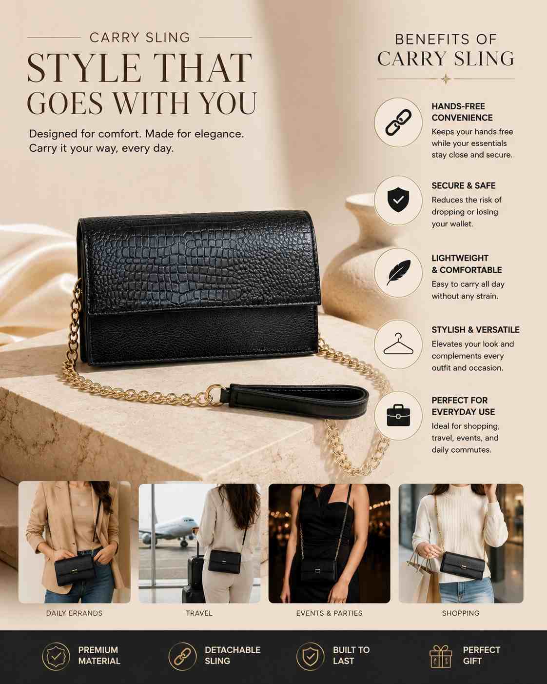 ALW Croc-Embossed Leather Clutch Bag — 3-in-1 Wristlet, Crossbody & Clutch with Gold Chain